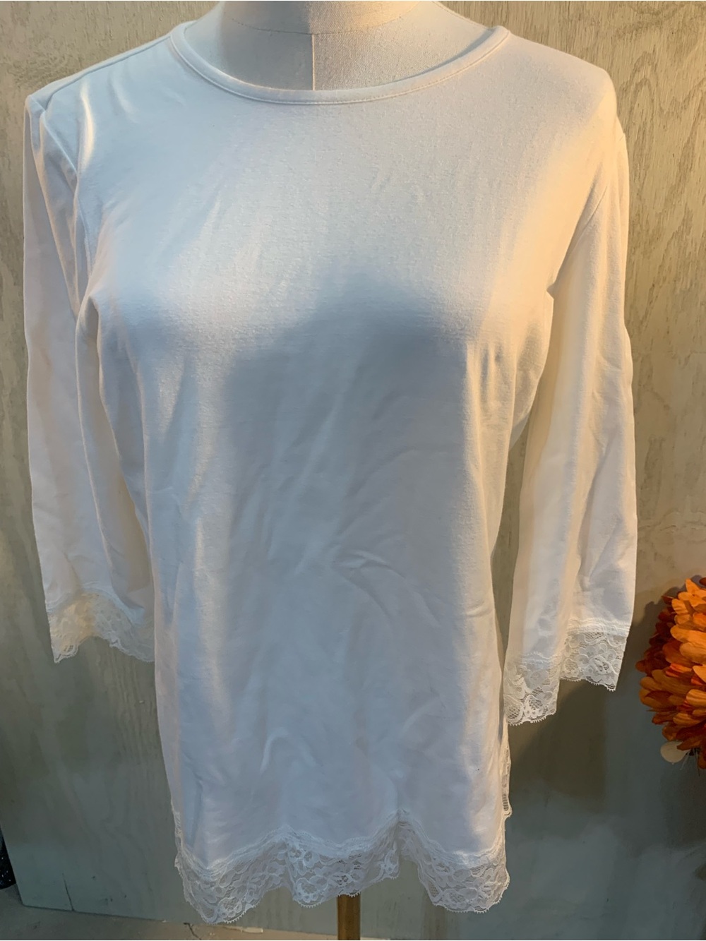 Christopher & Banks White Lace-Trim Long Sleeve Top
